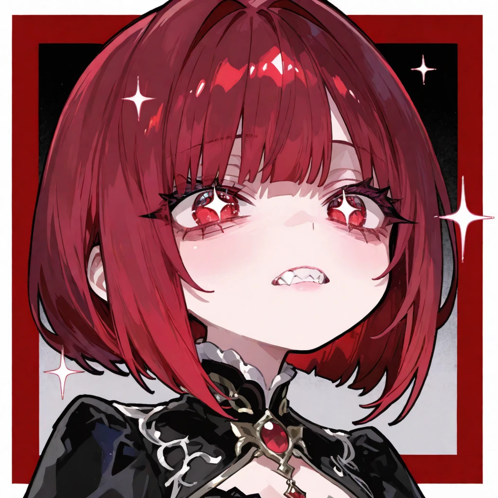 masterpiece,best quality,
, 1girl,short hair ,purple eyes, red hair, caramel skin, lips
, grin, :3, upper body, pink bow, chibi, sharp eyes, pouting, annoyed, angry