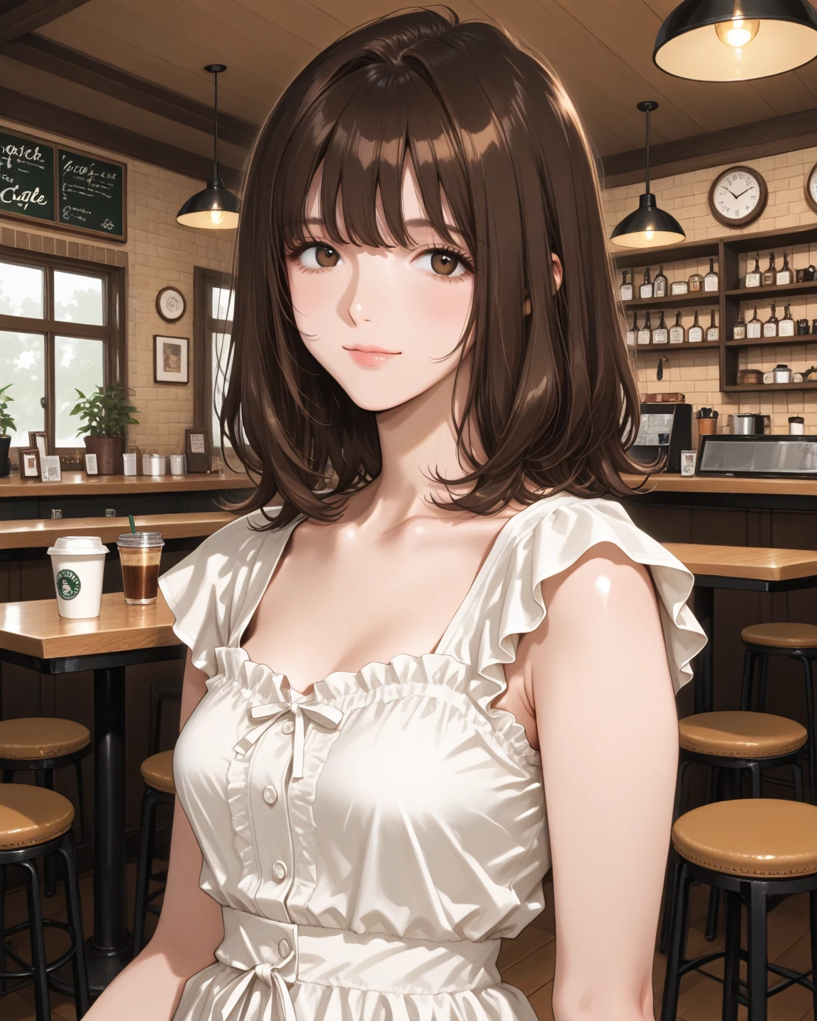 (masterpiece), (Highest quality), High resolution, Super detailed, Realistic, 8K, A complicated face, Detailed body, Detailed face, beautiful, Break 1 Girl, alone, Long Hair, Brown Hair, bangs, (Wearing a summer dress), Hoop Earrings BREAK Family Restaurant, table, Italian food, steak, Smile, Open your mouth wide, blush, from the front, Captivating smile