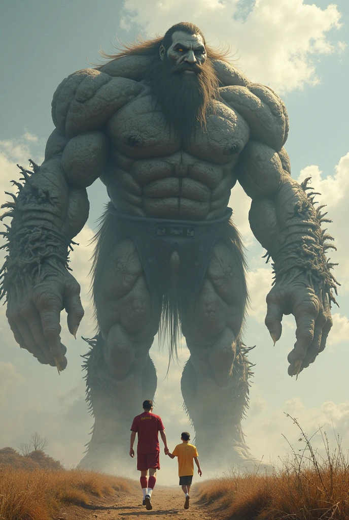 many people running away from a giant man in the middle of the forest