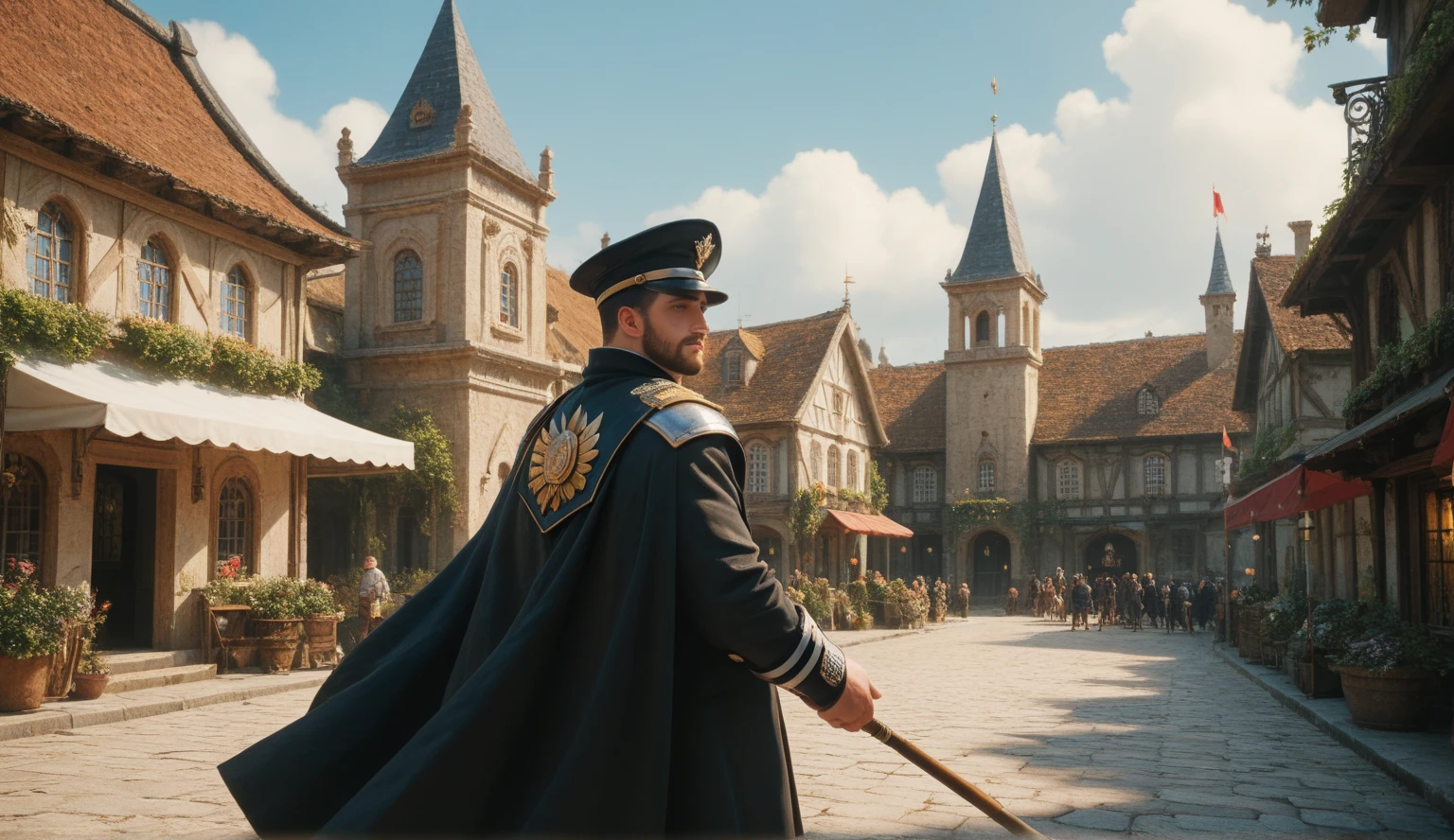 Imagine um super policial militar com um toque de estilo Disney. Descreva esse personagem com detalhes, including your physical appearance, uniform and any special accessories he may have. Be sure to incorporate elements that convey heroism, trust and a sense of fairness, while maintaining a touch of magic and charisma typical of Disney characters.