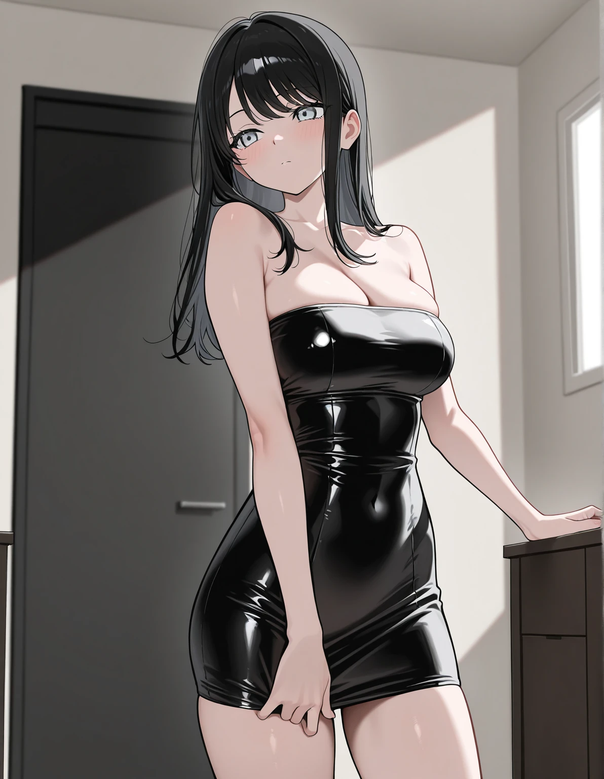 Pussy,,,,, transparent clothing,,flushed, 1girl, panel, cowgirl, grayscale, monochrome, wet, sweaty,