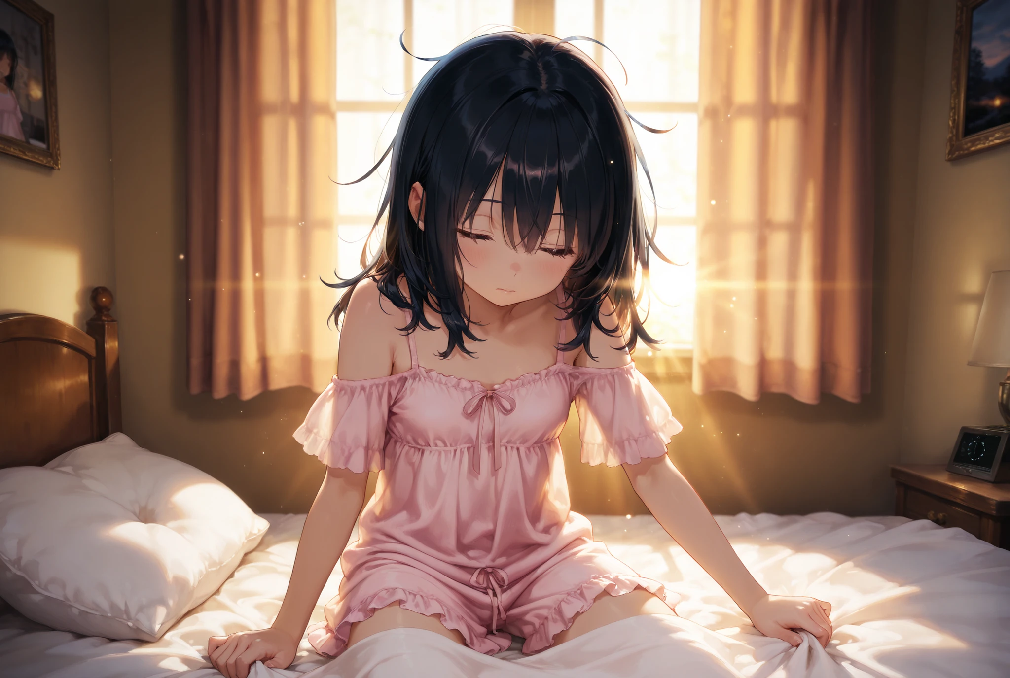 A young woman leaning against a bed's headboard as a backrest, just waking up. using a pillow behind her lower back like a cushion. A white sheet is pulled up to her waist, hiding her lower body. She is wearing a frilly negligee. Her black hair is slightly messy with bed hair, the tips sticking out. Sunlight pours in through an open curtain, softly illuminating the room in a warm morning glow. soft lighting, morning scene, bedroom interior, warm tones, sleepwear, cinematic composition