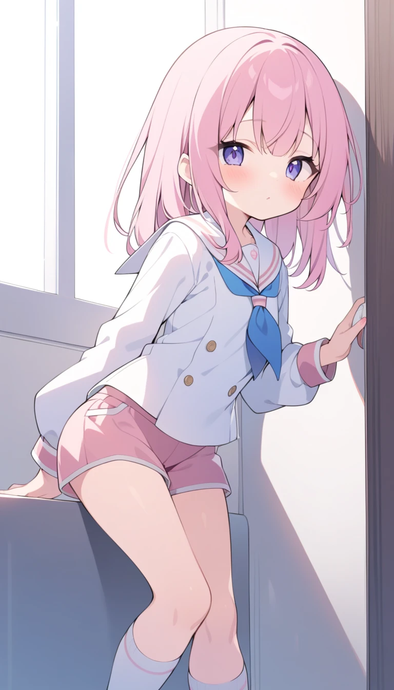 1girl, nsfw, white panties, skirt lift, classroom, blush, sweat, trembling,