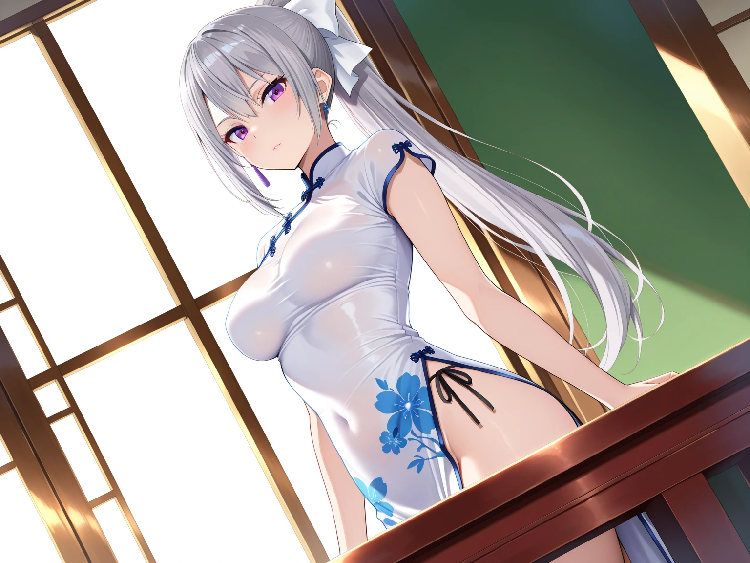 top-quality、realistic touch,high-detail、photoRealstic、Long body、captive beauty、big eye、Strong platinum blonde eyelashes、platinum-blond、full body Esbian、Sparkling eyes、Submissive smile、Flushed cheeks、Kamimei、thin-waist、Voluptuous thighs、Enraptured look、Raked bangs、The forehead is protruding、Tight chinese dress、sleeveless、Inside a school classroom、She isn't not wearing panties、maid costume、