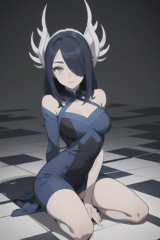 1girl, solo, black hair, long hair, looking at viewer, purple eyes, hair ornament, multicolored hair, colored inner hair, stained glass, bangs, upper body, gem, skeleton, black dress, two-tone hair, dress, indoors, red hair, lips, hand up, parted lips, spine, closed mouth, hair flower