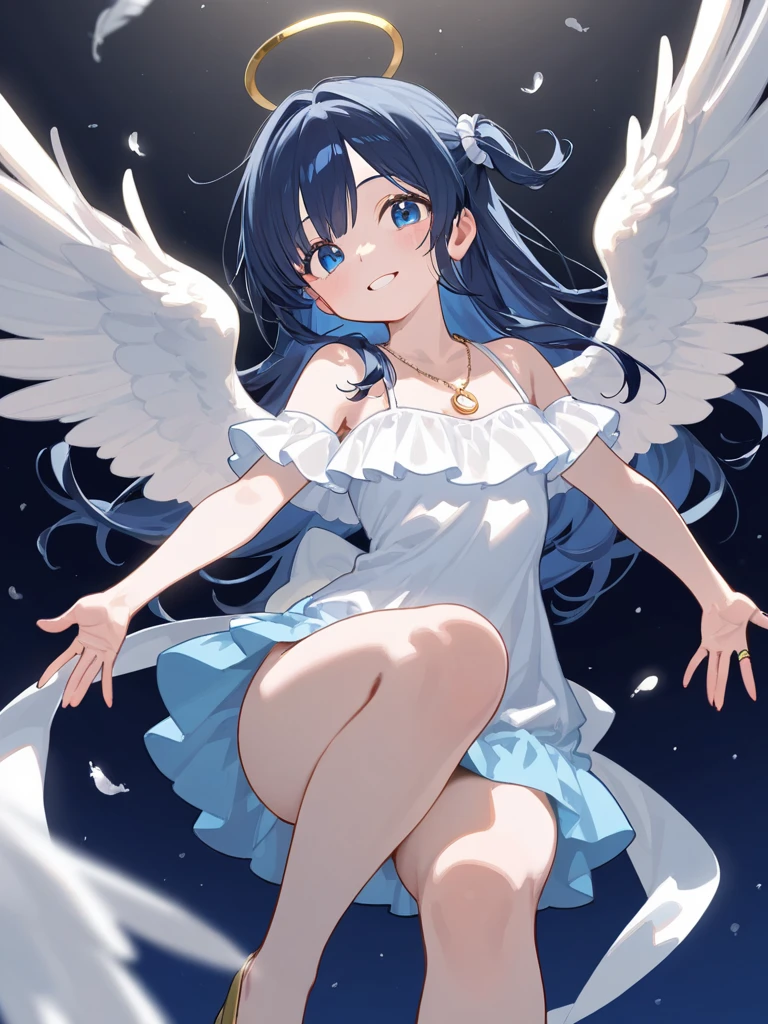 (masterpiece, high quality, best quality, 8k, 4k, (intricate:1.1), (high detail:1.3)), looking a viewer, full body, female, beautiful face, (aquamarine eyes, beautiful detailed eyes, cornflower blue eyebrows, cornflower blue eyelashes, cornflower blue hair, long hair, gradient hair, feathered wings, cerulean blue wings:1.4), intricate eyes, large breast, white bluish dress, detailed dress design, frills, white gloves, elbow gloves, argyle, argyle legwear, smile, dynamic pose, perfect anatomy, (arms behind back: 1.2), flying, cloud, full moon, (official wallpaper, volumetric lighting, dynamic lighting), depth of field, landing_wings, <lora:landing_wings:0.6>, <lora:hyperdetailer_v095:0.5>, <lora:EyesGen:0.4>