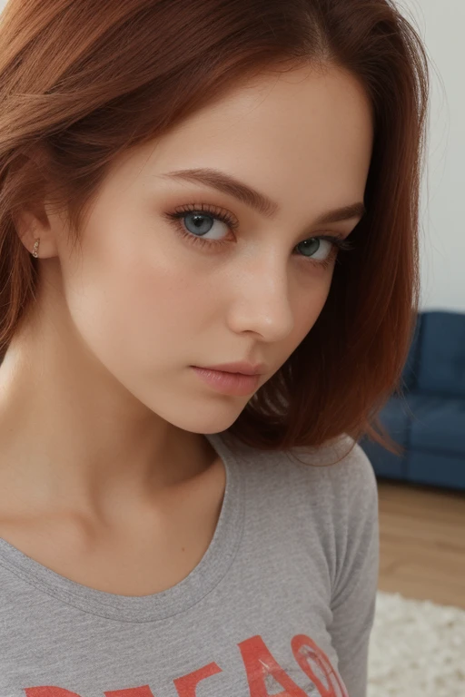 raw photo in UHD RAW format, (taking selfies, aerial view: 1,4), (straight half of the torso: 1,0). A 20 year old girl with a bun, natural red hair and blue eyes, parted lips. [ black gown ] [ hyper-realistic texture ], [ hyper-realistic skin texture ], smoky background, low lighting. fine-details, olhos e rosto extremamente symmetrical, extremely detailed, symmetrical, sharp piercing eyes.
