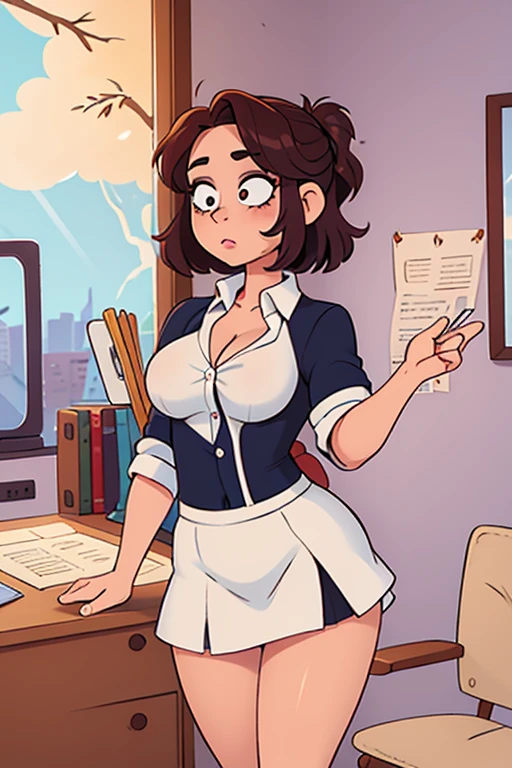 1 female office worker, thick glasses, standing, pencil skirt, short girl, grumpy look, cleavage, small waist, thick thighs. Brunette, braided, masterpiece.