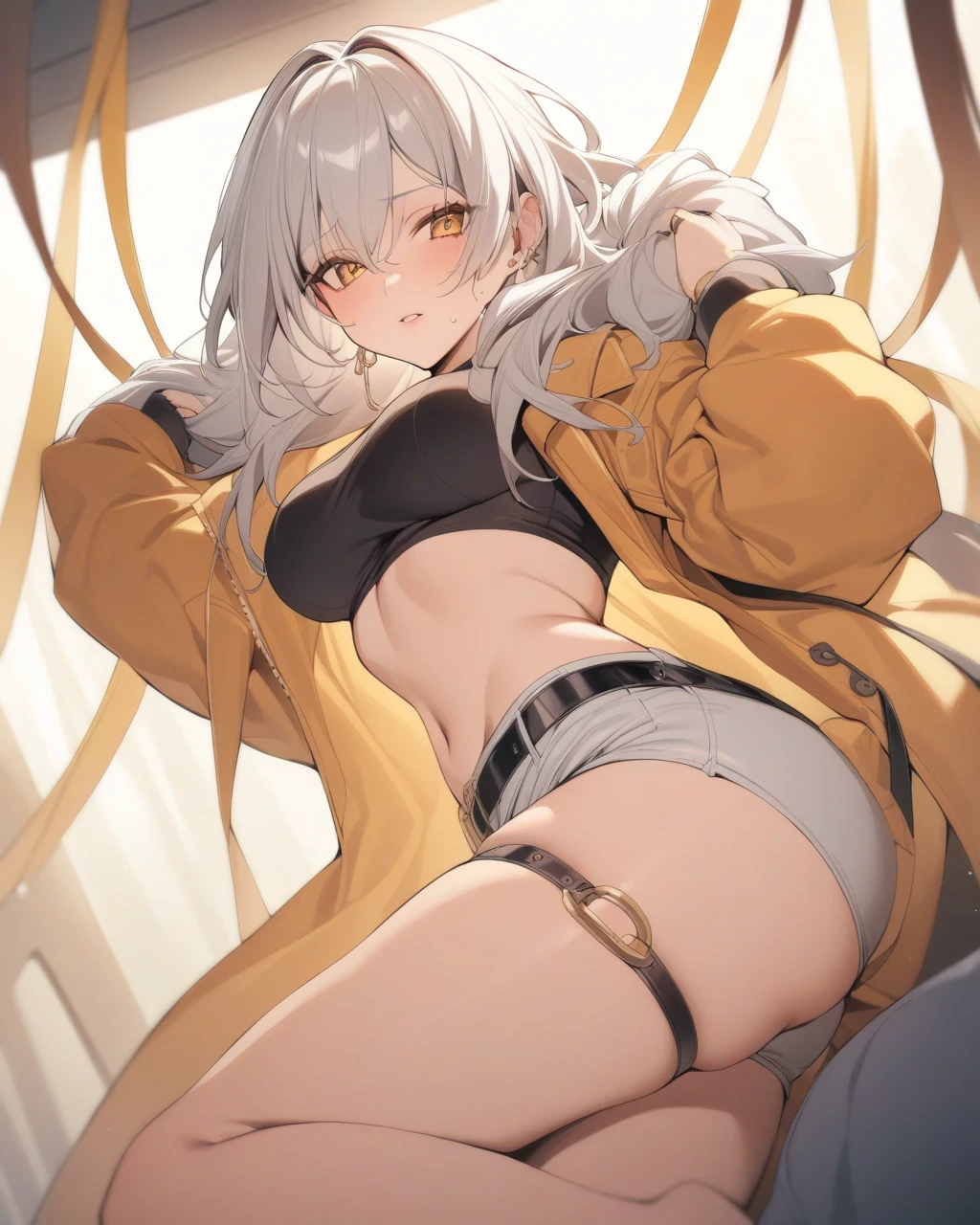 ((Best quality, masterpiece, 4k, best anatomy)), cute elf girl, (violet hair), ((very long hair)), perfect face, (yellow eyes), ((naked)), (()), ((flat chest)), ((21 years old)), skindentation, extreme detail, attractive angular face, red lips, pink nipples, glossy skin, detailed hair, full body, close-up chest, ornamental gold necklace, gold earrings, ((1 girl)), embarrassed expression, innocent smile, (high heels), sitting, long legs, ((slender)), blush, empty white background, ((thigh-high socks))