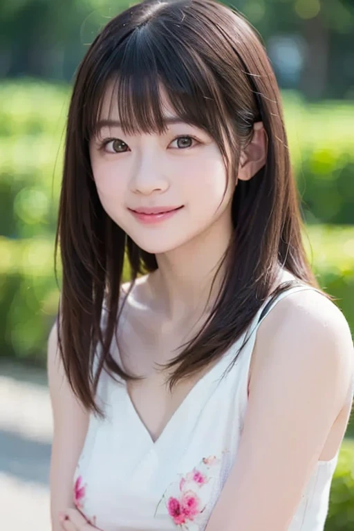 (8K, highest quality, masterpiece:1.2), (realistic, Photoreal:1.37), Super detailed, one woman,cute, alone,beautiful and detailed sky,date,(鼻をblush),(laughter:1.15),(closed mouth)small breasts、beautiful and detailed eyes、(hair length: 1.2)、Floating hair NovaFrogStyle、wavy hair、Upper body、Tank top、18 year old female、smile、(In 4K, best quality, High resolution:1.1), (Reality, photorealistic:1), (cute type:1.8), solo,  detailed eyes, brown eyes, innocent eyes, blush, 最高masterpiece作品, beautiful lights, movie lights, movie particles, Jewelry is, heart shaped earrings, bangs, cherry lips, look at the audience, ponytail, side ponytail, Depth of the bounds written, background blur, eye focus, 85mm lens, Breasts F/1.4, professional lighting, photon mapping, radio city, Physically based rendering, high detail, muste piece,lots of sakura flowers、Spring coordination、楽しいsmileで
