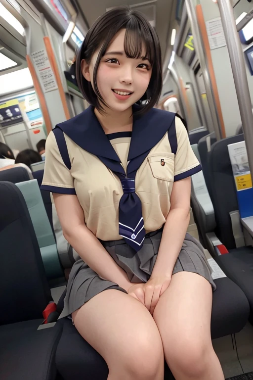 ((Highest quality)), (detailed), 1 Japan, sexy、ass pov, school girl, in a train, sitting on a seat, (long seat:1.5), Beautiful Skin, Double eyelids, camel toe, navy pleated skirt, spread legs, (exposured panties:1.4), panty pull, blush, (smile:0.8), embarrassed, realistic