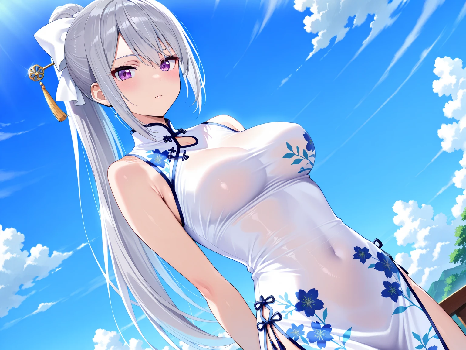 high-level image quality、fantastical light、Silvery hair、poneyTail、cleavage of the breast、bow ribbon、School uniform with open chest、Cherry blossom petals、The wind is blowing、Full body、Blue eyes、Narrow thighs、Beautiful wet skin、Gentle smile、Red ribbons