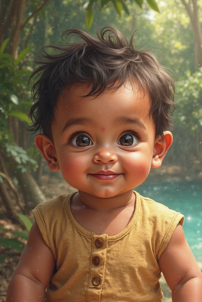 Bébé garçon de 2 ans métisse avec les cheveux châtains foncés bouclés. Ses cheveux sont plus courts sur les côtés. Ses yeux sont marrons. Il est dans la nature