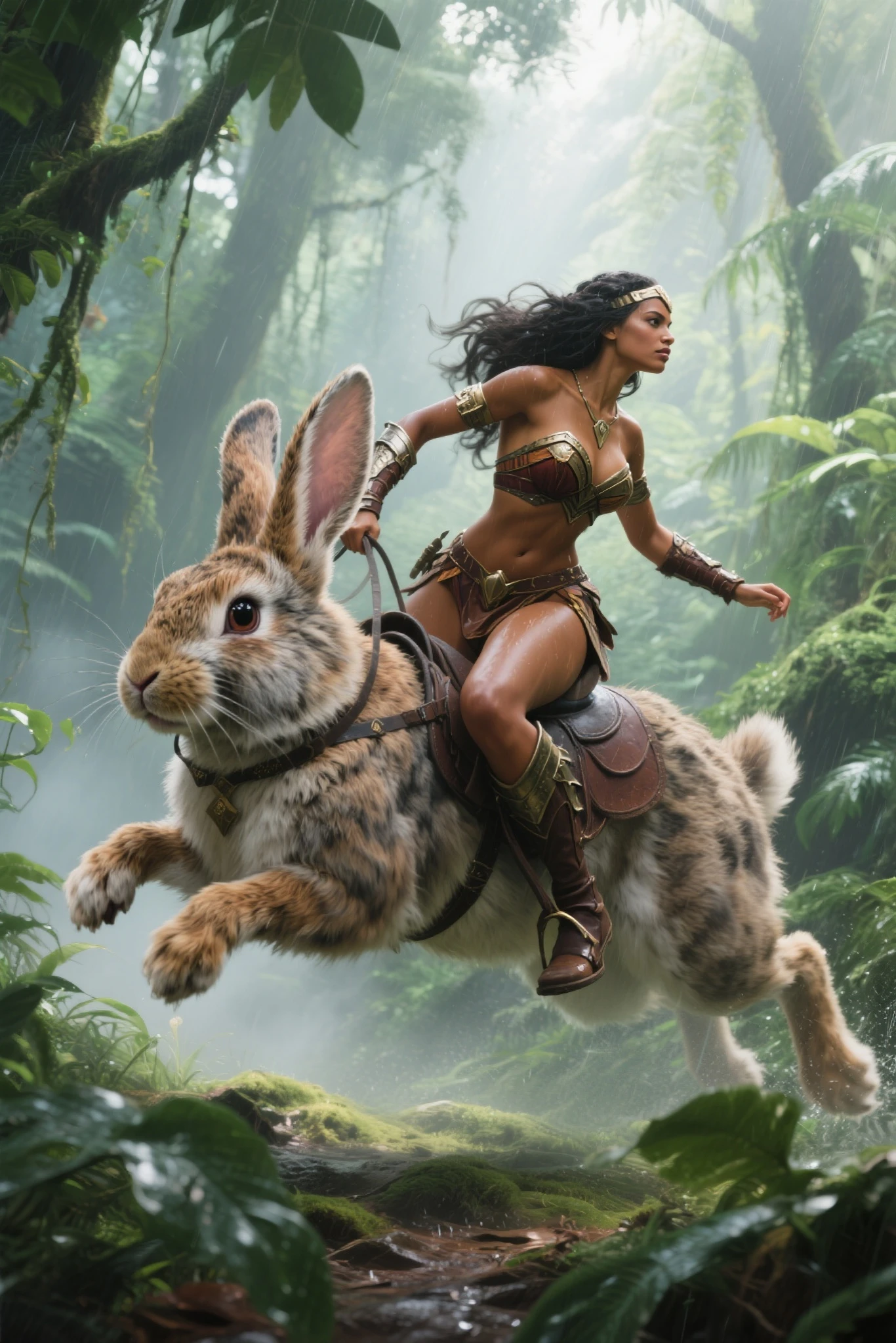 A woman goddess with wings, waering high heel boots, holding a whip, in a chariot. The charriot is being pulled by a large grizzly bear that is running full speed