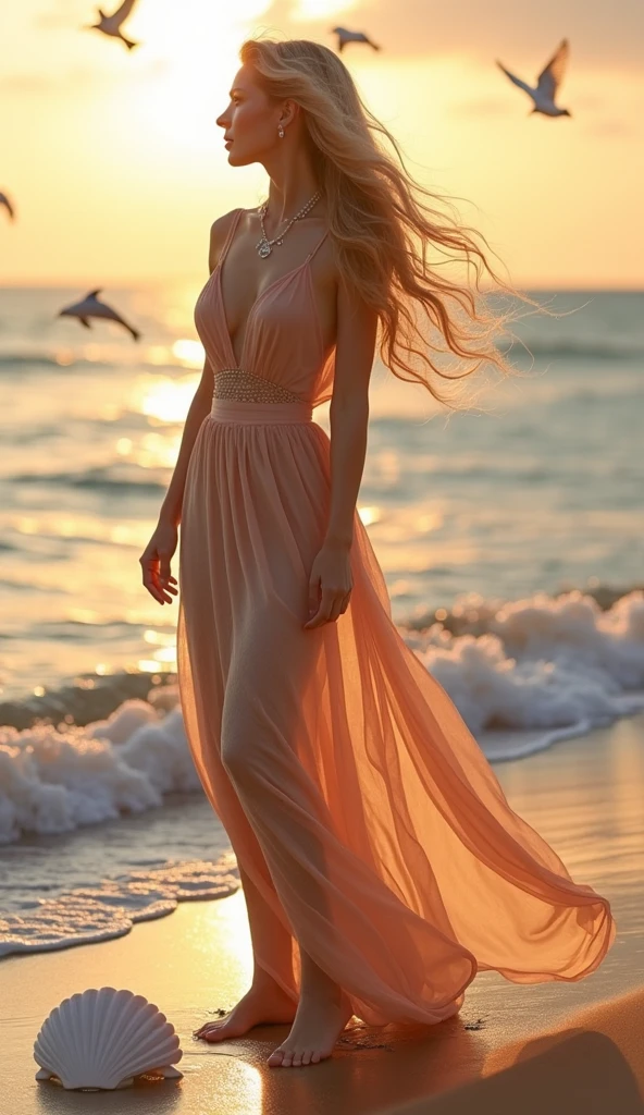 (masterpiece, high resolution, illustration:1.2), radiant young woman in a flowing dress, (graceful and ethereal presence:1.1), (golden sun sinking beneath the horizon:1.2), (gentle sea breeze caressing her cheeks:1.2), (tranquil and secluded beach with palm trees:1.1), (pastel hues painting the sky in shades of pink and orange:1.2), (gentle waves lapping the sandy shore:1.1), (seagulls gliding through the air:1.2), a moment of enchantment and serenity in the idyllic Maldives, artistic details, captivating composition.