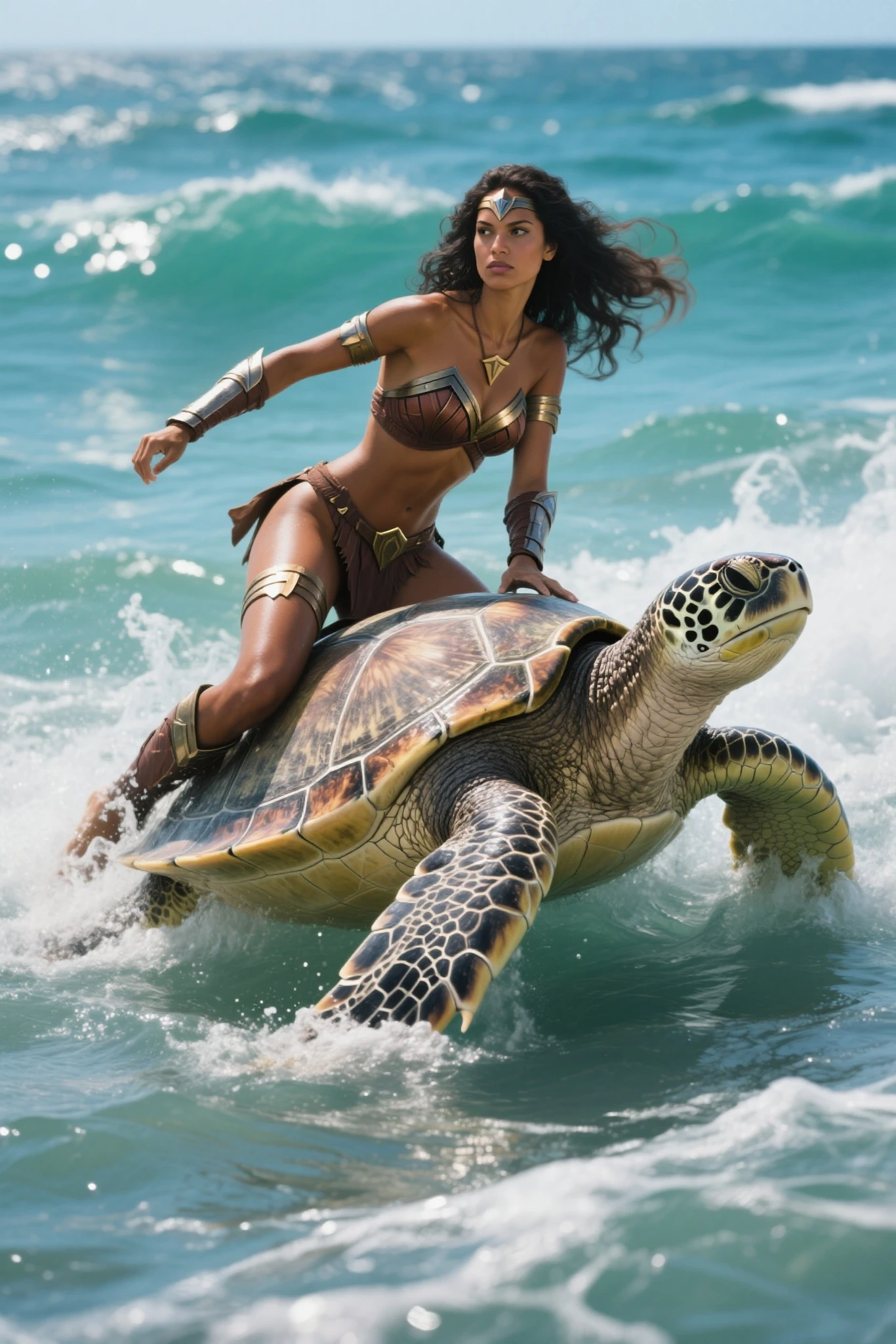 Moana's heroine from the Disney film, Moana as a playing with a giant galapagos tortoise.