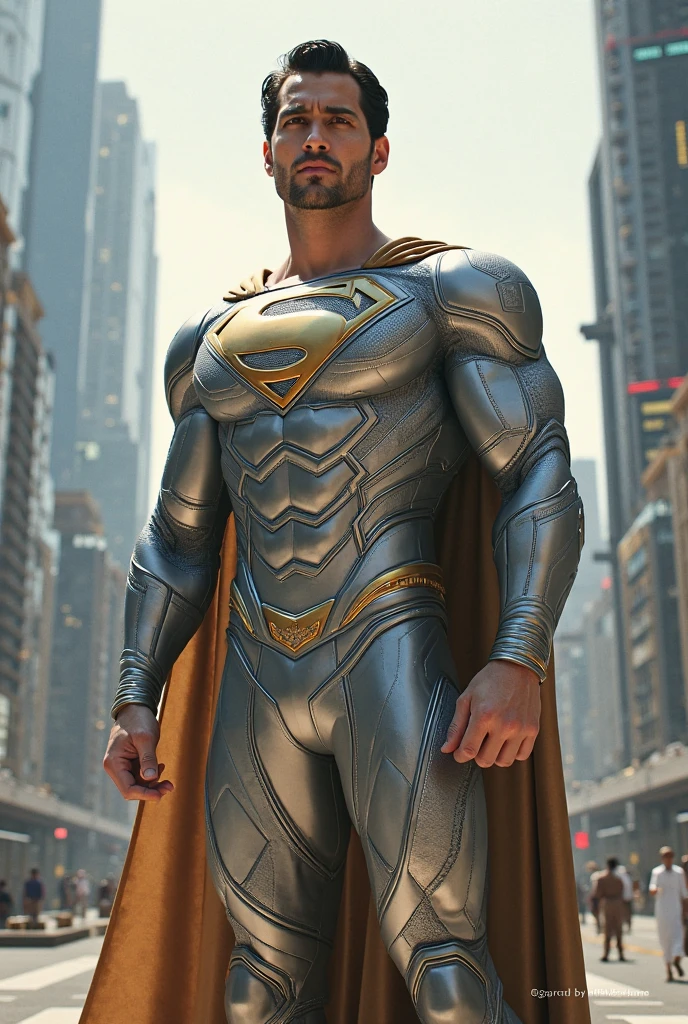 A superhero like superman black and gold suit