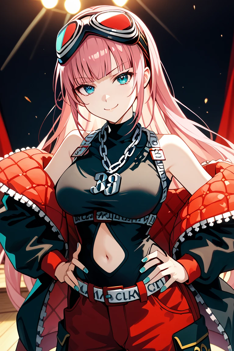Anime girl,milf,wearing a black croptop,with jeans,red possessed eye grinnning