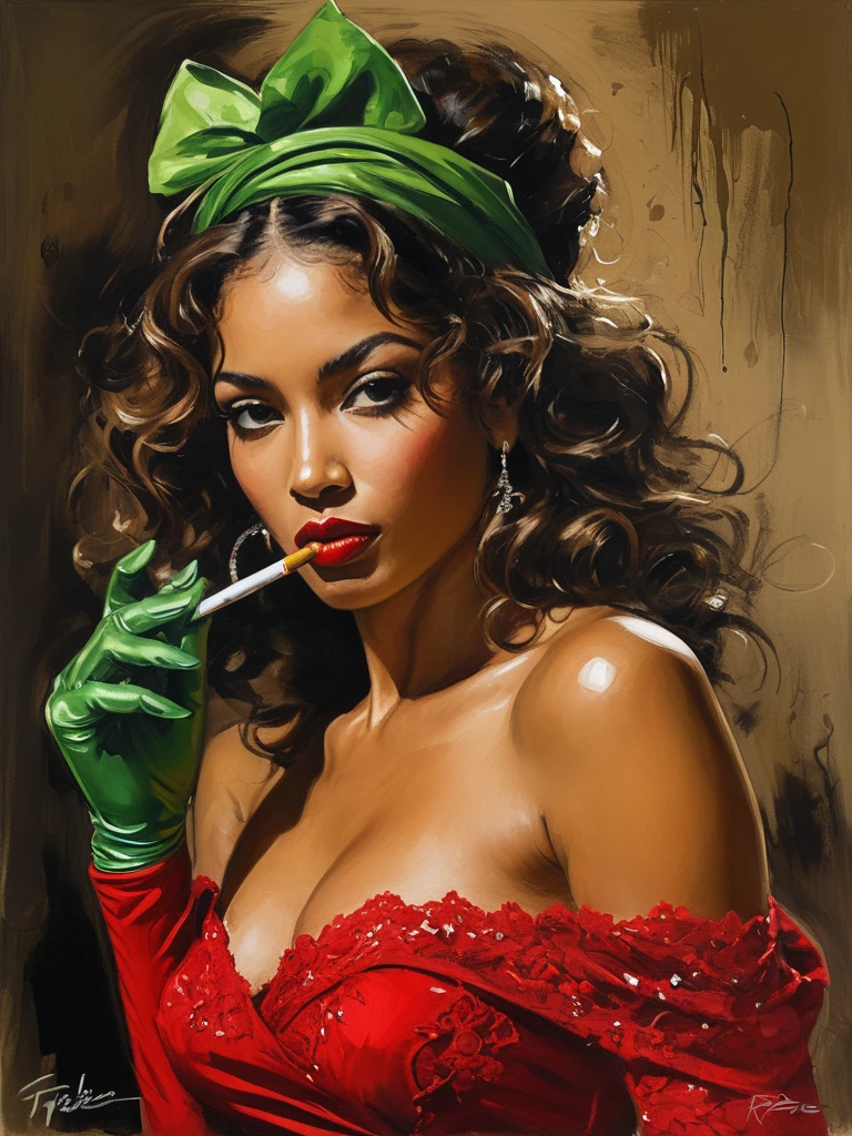 vectorial art, With a lot of Jamaican reggae, Authentic Jamaican Reggae Music Atmosphere,colorful illustrations, At the center, swirly vibrant colors, paint splashes and smears, high détail, Full length portrait of a woman (styled in 1940, sailor dress, highy detailed: 1.3), (highy detailed face: 1.8), (1940s Pompadour Hairstyle: 1.3), (slenderbody, small hips: 1.5 ), (lying on the bar: 1.5), (background inside a dark, old big band bar from the 1940s: 1.4), (Soft studio lighting, de Rua JCH, ISO 100,