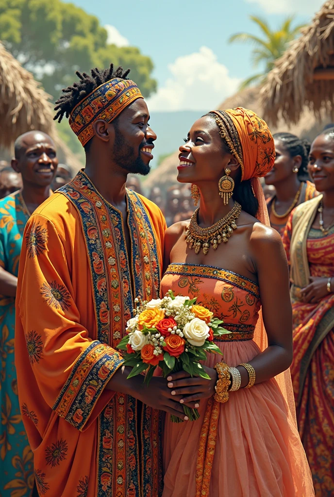 Traditional African marriage of a black man and black woman both wearing African traditional clothes, in an african designed tent, full of coloured African designed instruments, with a celebrating congregation carrying african designed presents like drums, pots, whole scene in African designed colours, beautiful daylight reflecting on the African instruments, shining a bright and vibrant light, with iridescent light, photorealistic image, 32k, ultra HD, cinematic lighting, artgerm style --auto --s2