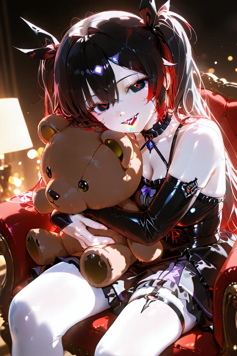 Darkness, horror, creepy, disease, mine - type, mass - produced type, gas mask, cross, ribbon, heart, slanted eyes, twintails, thick coating, black hair, pink eyes, hugging a teddy bear, art by hajime sorayama, <lora:Dystopia:0.8>