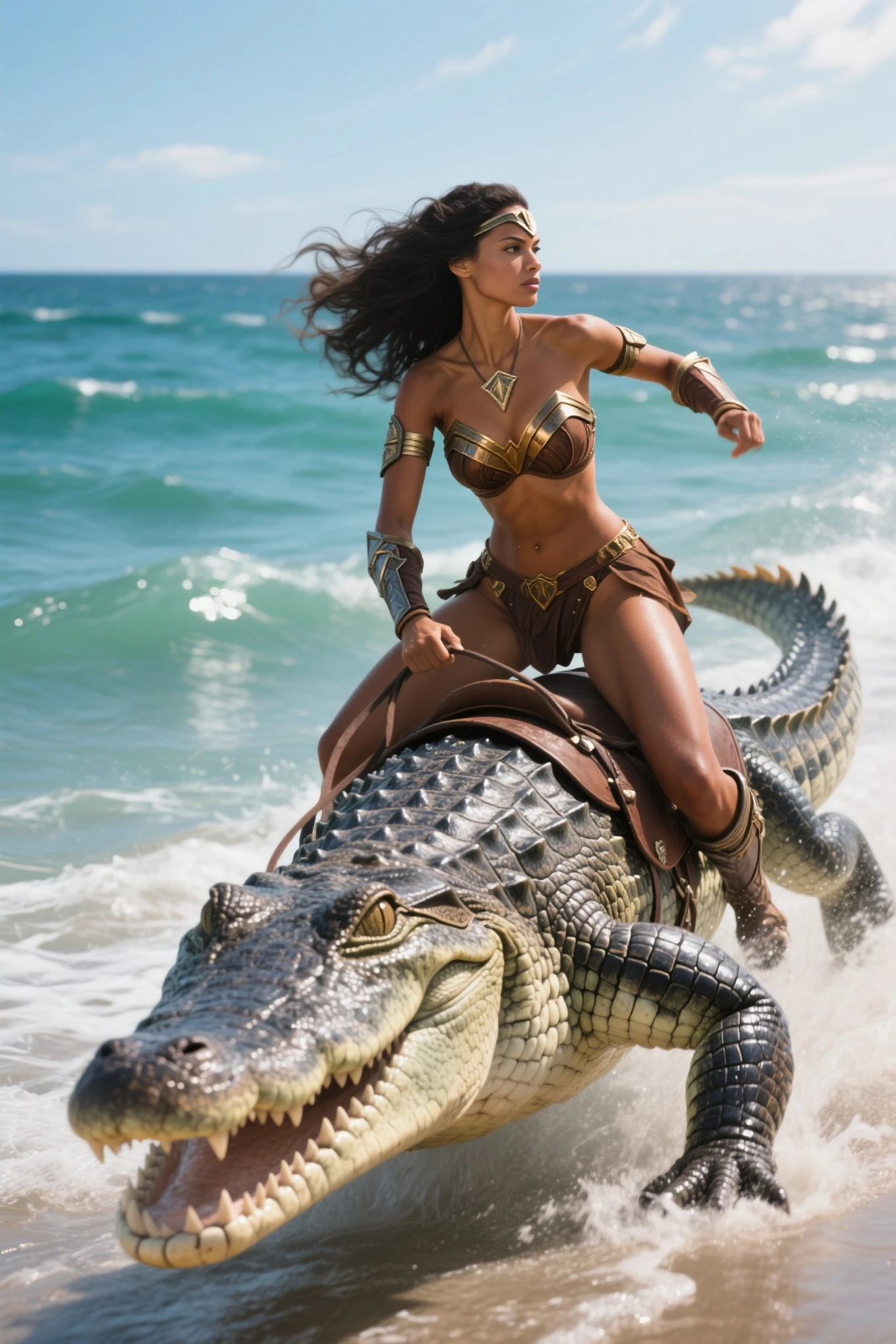 a beautiful woman queen of Atlantis super strong, muscular, ABS, sitting on a throne wearing stylish scale armor holding a trident in her hands, next to her a monster shark, a beautiful place with rising water bubbles and adorable creatures , 35mm lens, photography, ultra details, HDR, UHD,8K