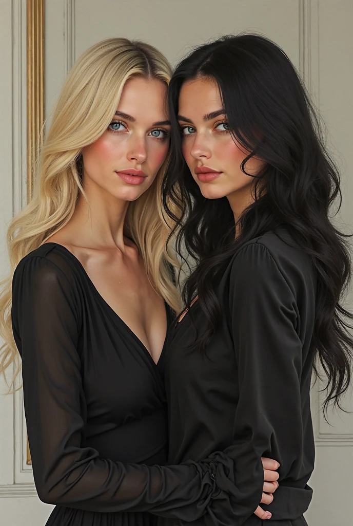 Piękna szczupła dziewczyne w dlugich bardzo bląd wlosach i niebieksich oczach. Dziewczyna ma czarne spodnie i top. next to her stands a slim girl with very long black hair and eyes. Dziewczyna ma czarna spudniczkę i top.