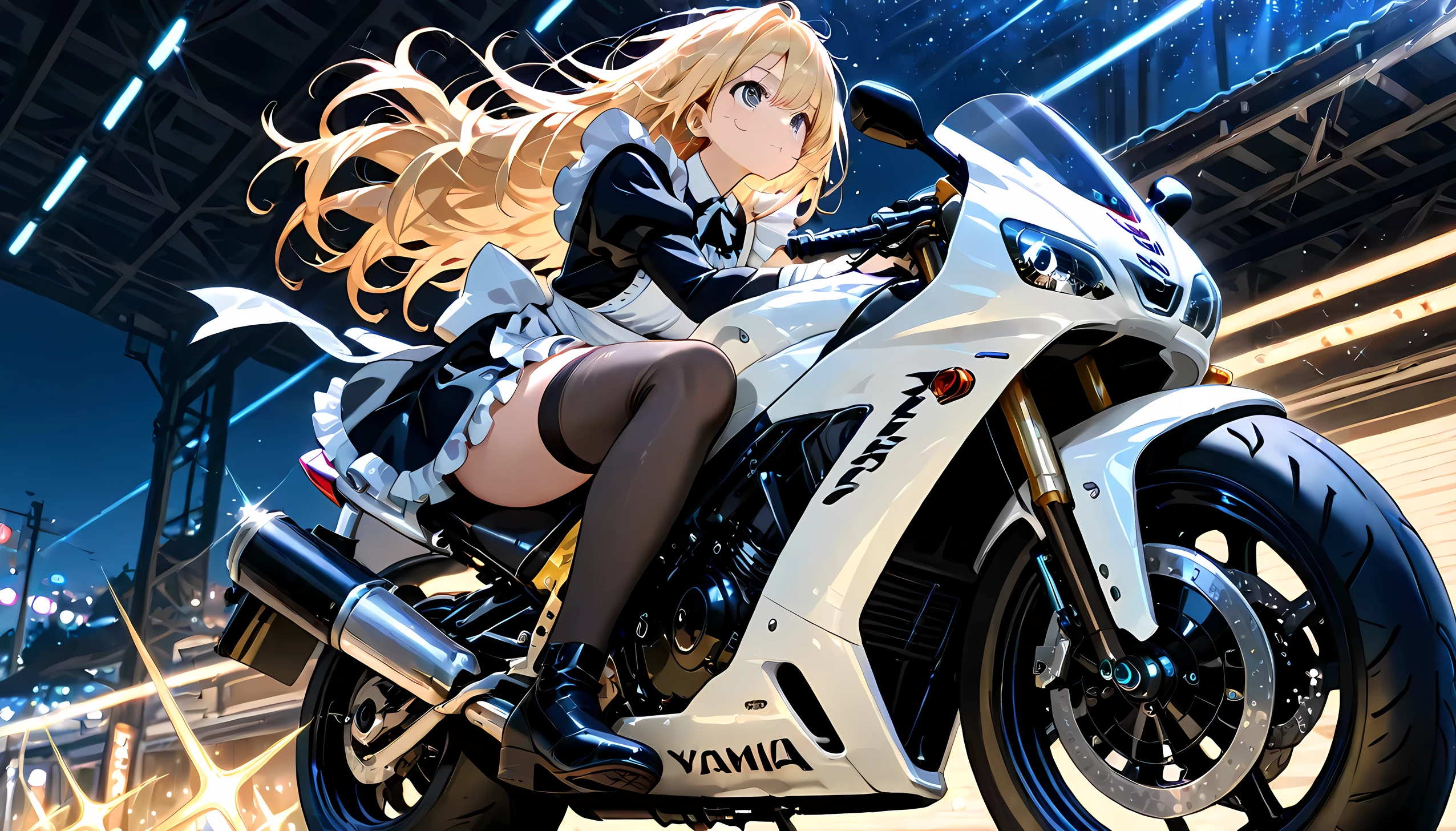 (((Best quality, 8k, Masterpiece: 1.3)), ((best quality)), ((masterpiece)), (detailed), perfect face, detailed face. detailed eyes, A maid girl, blonde hair, long hair, messy hair, ray tracing, sparkle, A maid costume with frills, high resolution, Textured skin, anime style, A maid riding a motorcycle, a maid driving a motorcycle, A motorcycle racer leaning her body to take a corner, Knee-high stockings, YAMAHA R1, (midnight highway), moonlight, from below