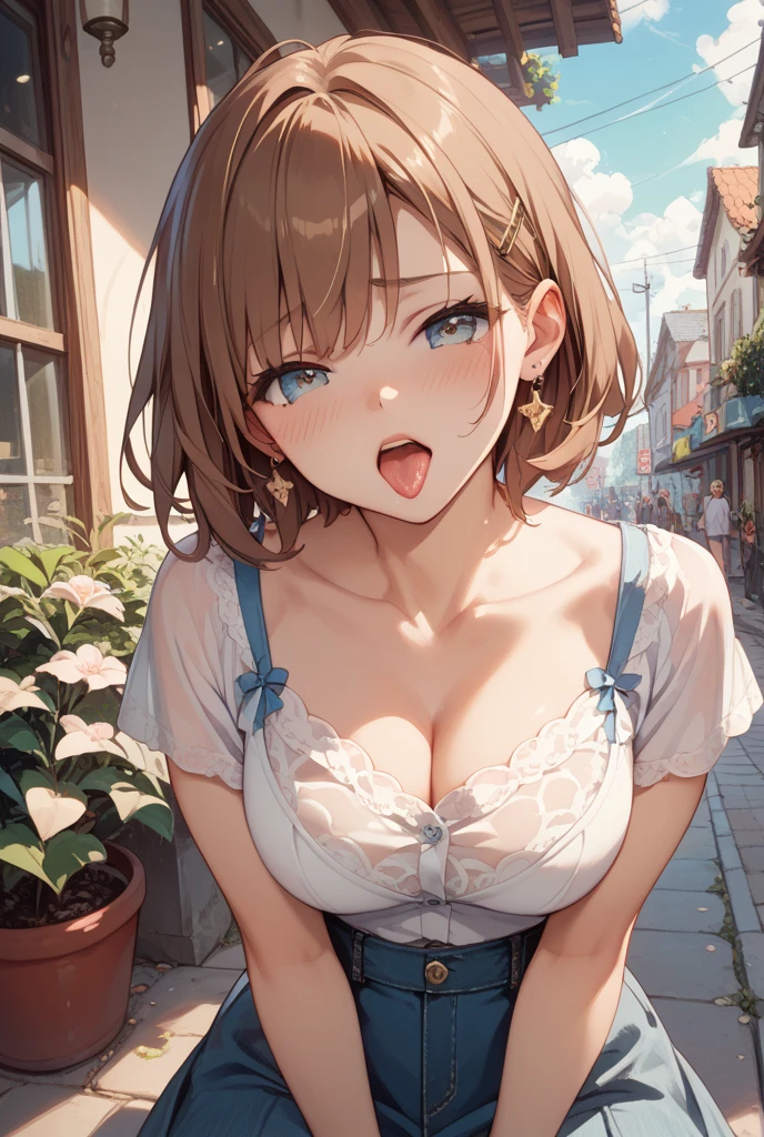(best quality), (Super detailed), (Best Illustration), (1woman), look at viewer, from side, (off shoulder top), (Big Breasts:1.2), {brown hair, (bob cut:1.2), curly hair, hairs between eyes}, {(detailed eyes), heart-shaped pupils, blue eyes}, blush, sweat, steam, earrings, hairband,