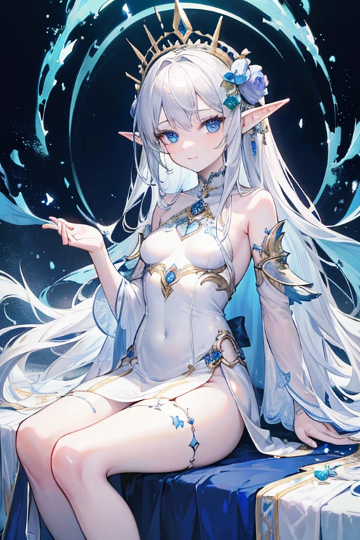 (Hand optimization),(Details are strengthened),(High Picture Quality),RAW photo , insanely detailed, highest quality, high resolution, solo,break、(contrast:1), full body、 Seen from directly above, lying in a field of flowers, back on the floor、Seductive pose、blue eyes、 (((white hair Beach waves hairstyle ))), (cosmetics), White effect, ((night)) 、 break、Vampire Castle, detailed background,, moon、 break、Antonio Riva dress:1.1,dress made of slightly transparent fabric:1.3、(extremely intricate:1.2), high fantasy, beautiful face, pointy ears, break,background, monochrome, greyscale, barefoot, break、outdoor