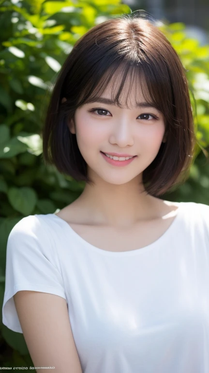 (Highest quality, masterpiece, High resolution), Beautiful 18 year old woman。She is wearing a white off-the-shoulder dress with white frills that only covers her breasts.。Shoulders out、優しいsmile、Show some teeth。Short bob hair straight、(Voluminous short bob、Trimming the bob、Straight Hair、Straight bangs、bangs above eyebrows)、Bob with only one ear showing、Sharp focus、(Light)、clavicle、earrings、necklace、Lightグレーの背景、smile