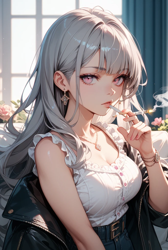 ((air, the payment, luz outfit)), Perfect face. amber eyes, yellow eyes. silver hair, long wavy hair. grey hair. White skin. pink lips. pink dress
