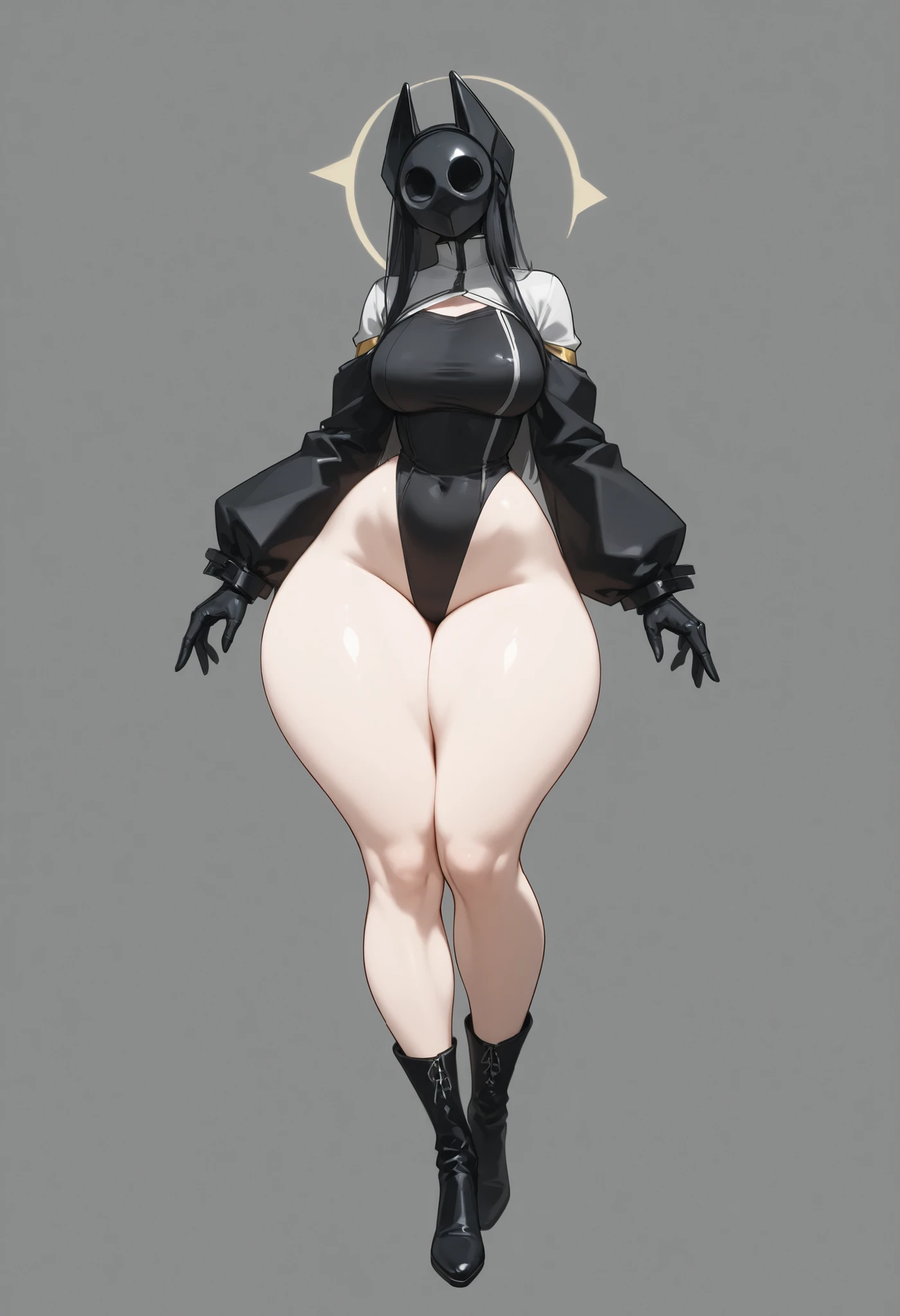 An elf with gray skin, black eyes and yellow irises, long black curly hair, , wide waist, pear-shaped body