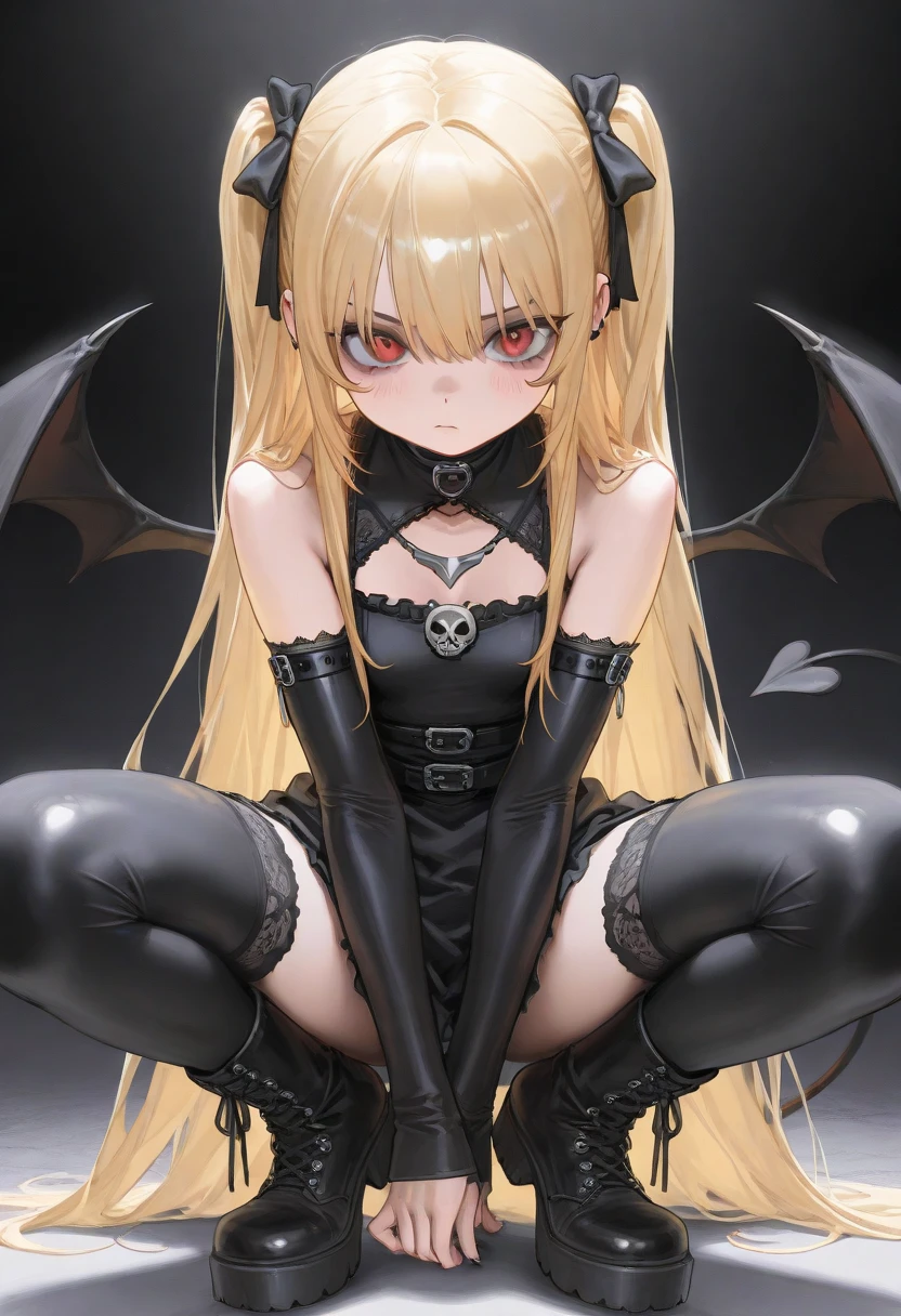 DarknessLora, blonde hair, red eyes, very long hair, horns, claws, choker, hair intakes, bare shoulders, revealing clothes, ((elderly:1.5))