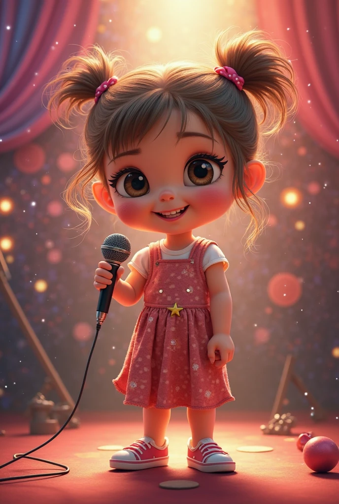 (character idea), (1 cute girl singing with a microphone,),Holographic Color Set,smiling, big bright eyes, background with:stage,neon lights,like a dream,whimsical,like stories, Super details, pixel style, bright colors, natural soft light,, 5 octane rendering, super wide angle, 8k, High realism,Grand Prix