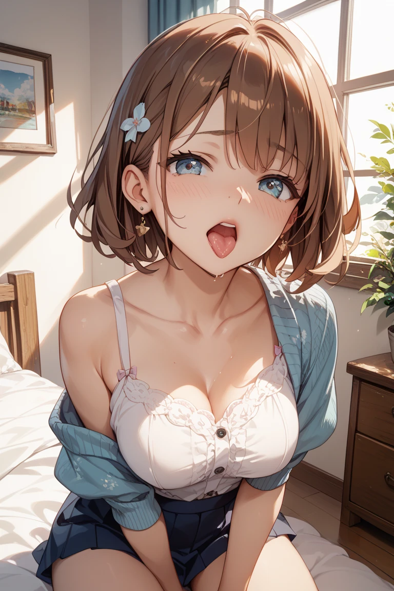 frame in, from right in front of face and body, view straight on, upper body, High quality, very high res, High quality, very high res, cute girl, brown hair, forehead, blunt bangs, bob cut, blush, blush, Brushed up bangs, see light blue polka dot bra, medium breasts, I can see your belly button, fold your hands behind your back , naughty way to sit, smile, at office