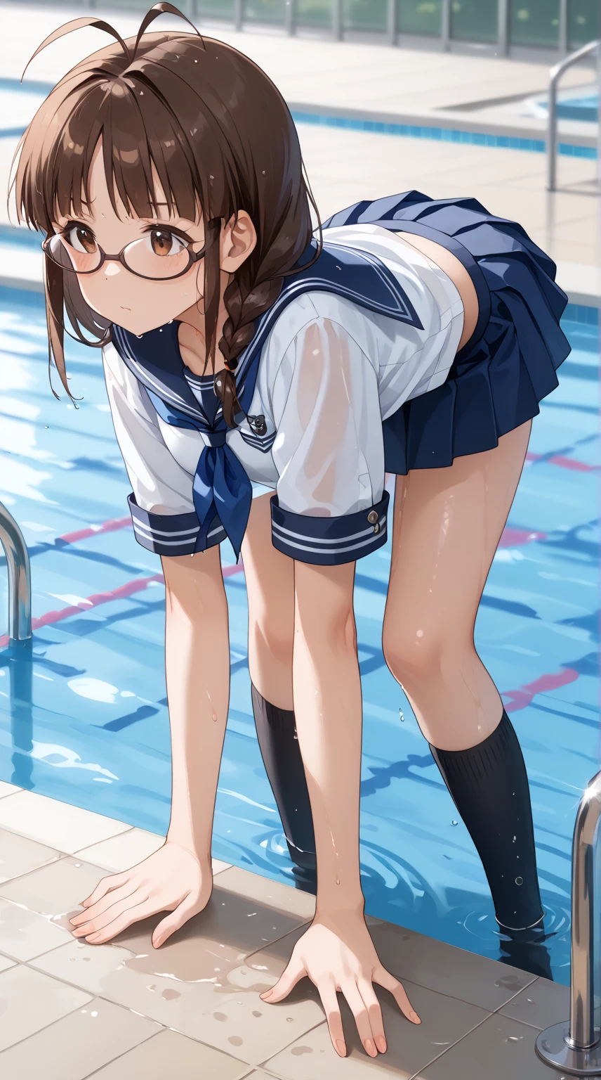 lighting like a movie、top-quality、(1 female)、School swim wear、しゃがんでopen one's legs、open one's legs、embarrassed from、school swimming pool、Eyes from below、full of sweat、A dark-haired、Wearing sweat、s ass
