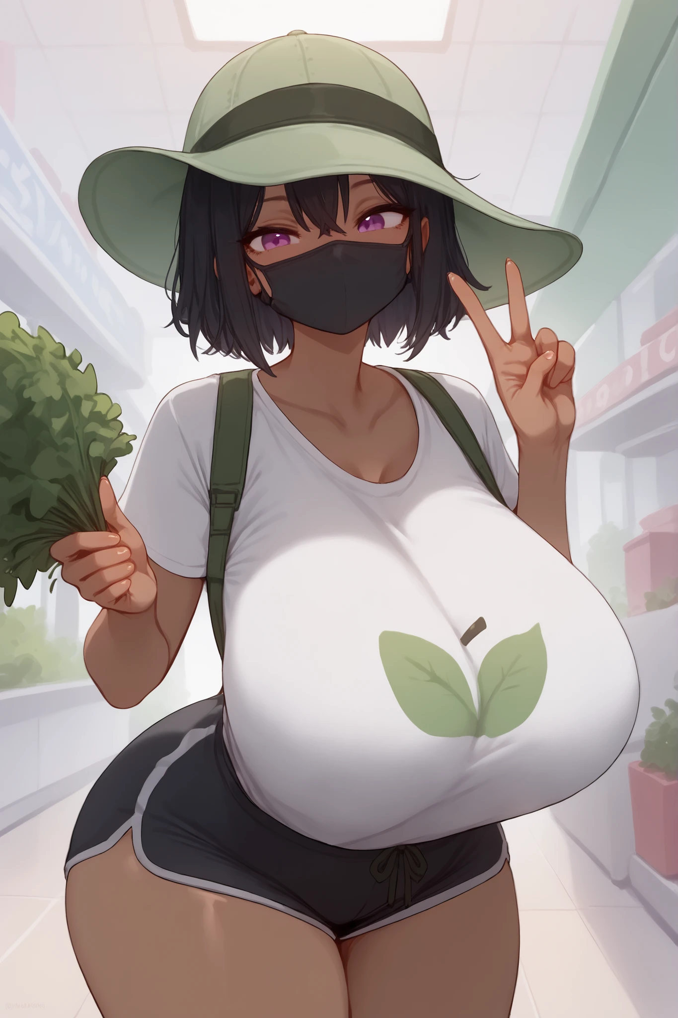 a 19 years old girl with huge massive tits and huge butt, with green eyes and green hair, with glasses, french braid, wearing a t-shirt cleavage with a happy face with a blush,