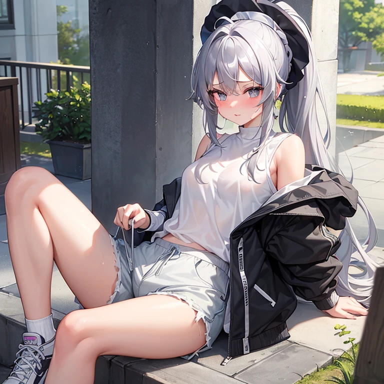 masterpiece:1.3、ultra high resolution:1.3、8K、woman、solo:1.3、big breasts、The style is very good.、White-silver hair、light blue eyes、sitting、ponytail、Hooded drop shoulder casual T-shirt、sneakers、shorts、outdoor、Light pointing、apartment、city、smile、blush、real moist skin、Stuffy、wet