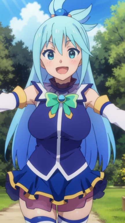aqua \(konosuba\), ((high resolution)), obra de arte, alta qualidade, Melhor qualidade, lindo, Perfect Lighting, rosto detalhado, ultra cute face, (corar), ((1 garota)), ((Sozinho)), Mangas separadas, blusa azul, saia, botas de coxa, Hair ornament, anel de cabelo, cabelo longo, cabelo azul, (corar), sorriso sedutor, olhando para o espectador, standing, medium breasts, (quadris largos), ((coxas grossas)), gordinho, sala de estar, arms behind the back, Garota gorda, obeso, muito gordinho