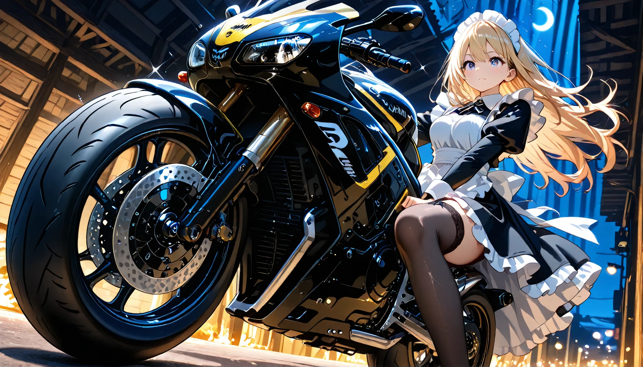 (((Best quality, 8k, Masterpiece: 1.3)), ((best quality)), ((masterpiece)), (detailed), perfect face, detailed face. detailed eyes, A maid girl, blonde hair, long hair, messy hair, ray tracing, sparkle, A maid costume with frills, high resolution, Textured skin, anime style, A maid riding a motorcycle, a maid driving a motorcycle, A motorcycle racer leaning her body to take a corner, Knee-high stockings, YAMAHA R1, (midnight highway), moonlight, from below