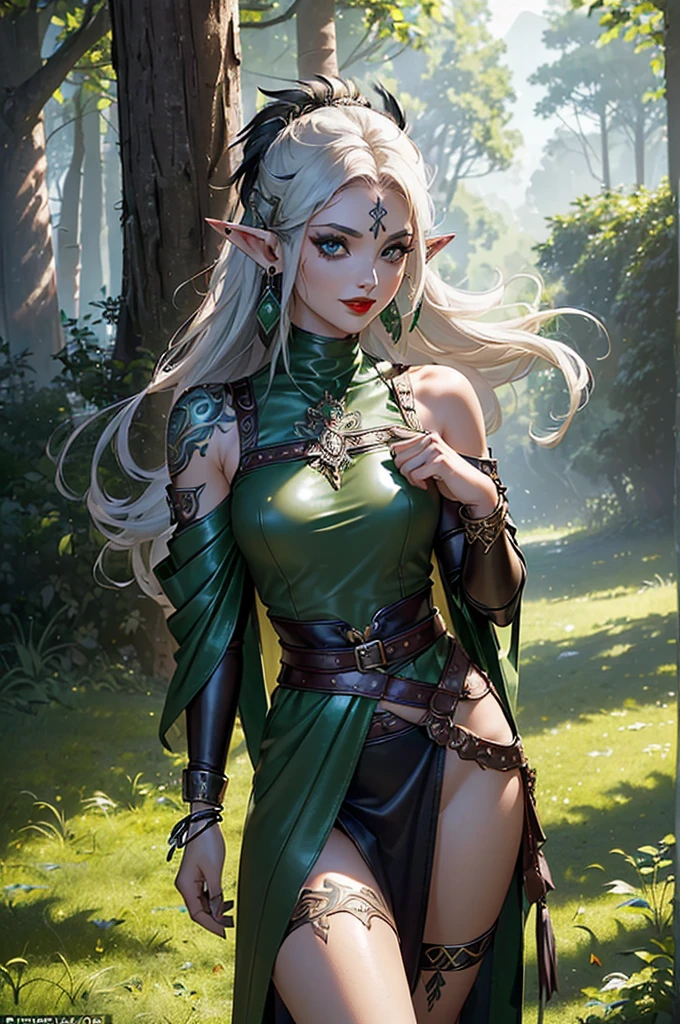 a portrait of a elf girl with freckles and bright striking blue eyes posing for a photo,full body, long pointy ears, thick legs, muscular, fit, defined abs, thongs, (cameltoe) white freckles, long flowing green hair flying, portrait, beautiful pale makeup, color portrait, stunning portrait, elegant freckles, wearing black thongs, black gloves, starshine, gold dust spread across her skin and her face, walking. Dark background of magical night forest, deep woods, towering ruins, starlight skies, suitable for viewing in public places