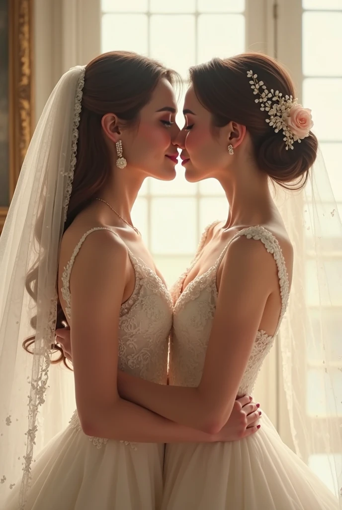 (masterpiece, highest quality, official art, beauty and aesthetic), perfect anatomy, two stunning bride is deeply in love with each other, kiss, flower, romantic atmosphere, aurora