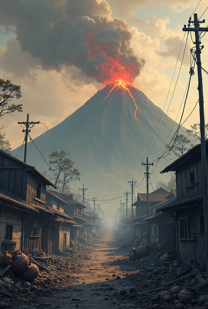 (best quality,4k,8k,highres,masterpiece:1.2), ultra-detailed, (realistic,photorealistic,photo-realistic:1.37), portraits, landscape, HDR, UHD, studio lighting, extreme detail description, professional, vivid colors, bokeh, oil painting, illustrations, erupting volcano, destructive force, molten lava spreading, fiery destruction, crumbling buildings, terrified townspeople, smoke-filled sky, glowing embers, dramatic lighting, intense heat, abandoned streets, desolate atmosphere, red-hot lava flows, cascading down the slopes, billowing clouds of ash, glowing magma, crackling flames, charred trees, eerie silence, ash-covered landscape, haunting aftermath