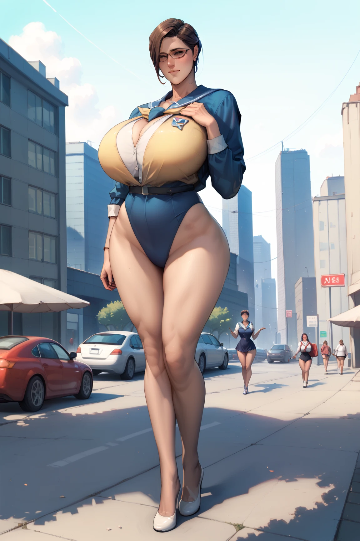 macrogts, pin up, big puffy lips, blue lipstick, white makeup, voluptuous buxom , (giant milf with a blue sailor hat:1.1) blue hair, pixie cut, seductive, (light gray skin, thicc, wide hips, full bodied figure:1.4), blue eyes, flirty facial expression, walks in a city, towering over construction site, crotch behind a building, nipples behind crane, BibendumChamallow1024
