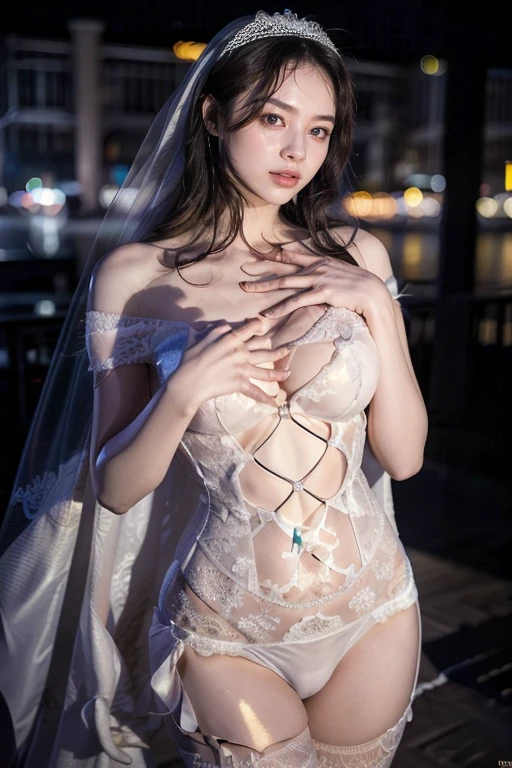((tmasterpiece:1.4)、(top-quality:1.4)、(reallistic:1.7))、By Luis Royo(By Luis Royo)Surreal portrait of a beautiful girl、Super beautiful girl、((1girl in:1.4))、Shiny natural skin texture、(The Queen's Gorgeous Costume)、((Sheer off-the-shoulder white one-piece mini skirt type:1.4))、((up skirt)),Authory Luis Royo(By Luis Royo)、age19、(Two arms:1.4、Two legs:1.4)、(perfect anatomia:1.4)、(Perfect female body:1.4)、Portrait photo of a girl、Close-up photos、Upper body photography、Fantasyart、Soft front light、Beautiful expression、kawaii faceeautiful udder、large full breasts:1.2、Beautiful ass、A detailed eye、Clearly eye-catching, beautiful and alluring、beautidful eyes、Narrow waist、Raw photo、red rip、Arrange your long hair as cool as a queen、(tiara crown:1.4、choker necklace:1.4、a necklace:1.4、耳Nipple Ring:1.4)、1 screen display、((In front of the city walls、Woman standing in front of bench)),((Translucent off-shoulder white dress))、((A smile)),((posterior view))、((Looks Back))、((White T-back panties visible)),((erection)),