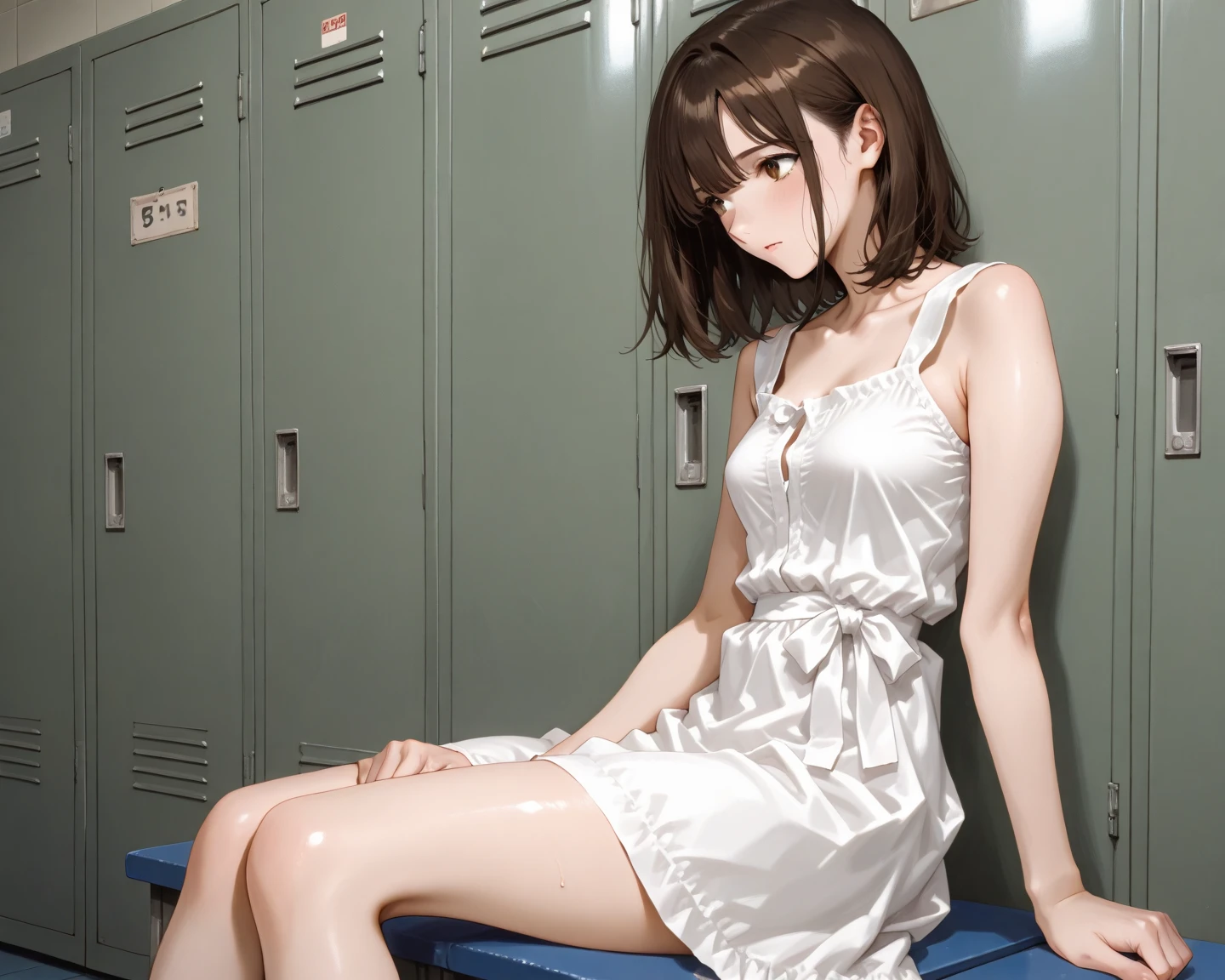 (masterpiece,Highest quality:1.3,best quality illustration,realistic),cowboy shot,1woman,25 year old Japanese beauty,((very small head:1.3)),(short bob brown hair),bangs,brown eyes,gorgeous eyes,sad,tears,medium breasts,(((very long body:1.5))),((toned body,slender body:1.3,skinny)),topless,nipples,navel,((White panties)),gleaming skin,shiny skin,(sweat:1.3),sitting,spread legs,arms behind back,bench、locker room,Arena、Tokyo、