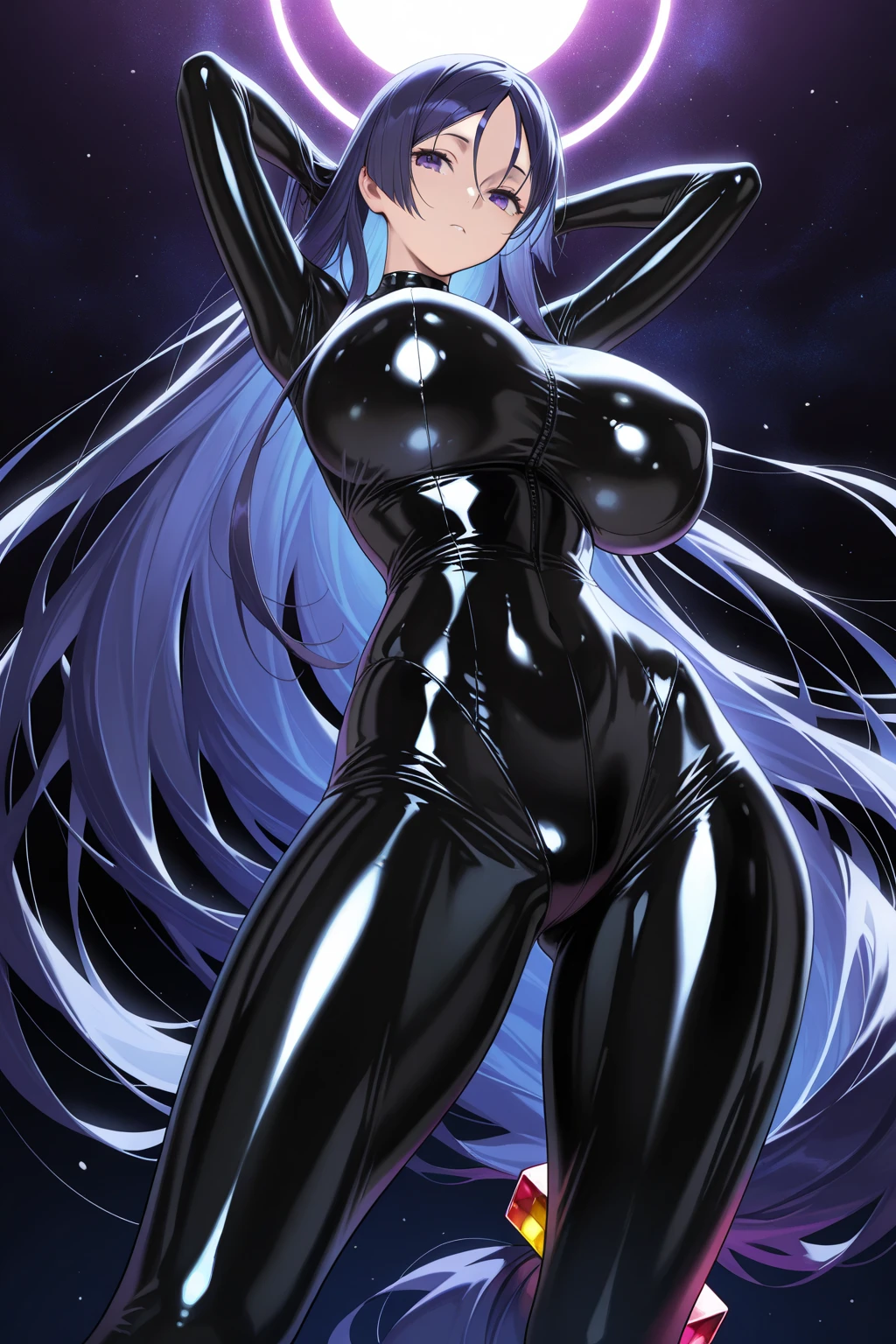 monamegistus, mona, blue eyes, hair between eyes, twintails, very long hair, purple hair, hat, (medium breast:1.2), witch hat,
BREAK black bodysuit, black gloves, blue sleeves, bodysuit, capelet, covered navel, black pantyhose,detached sleeves, gloves, high heels, leotard, long hair, long sleeves, multicolored sleeves, purple capelet, purple sleeves, strapless, strapless leotard,
BREAK outdoors, castle, night, moon, lights, stars, starfall,
BREAK looking at viewer, (cowboy shot:1.5),
BREAK (masterpiece:1.2), best quality, high resolution, unity 8k wallpaper, (illustration:0.8), (beautiful detailed eyes:1.6), extremely detailed face, perfect lighting, extremely detailed CG, (perfect hands, perfect anatomy),from behind,back view.