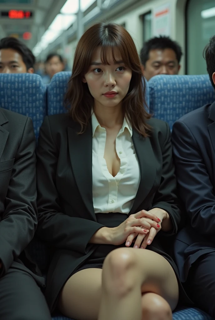 1girl, 18 years old, (8k, RAW photo, best quality, masterpiece: 1.2), (fine facial features, facial details, fine skin texture: 1.2), (mouth slightly open, panic expression: 1.2), (realistic, photo realistic :1.37), cute, subway car, male crowd surrounded: 1.1, a group of middle-aged men in suits pressing girl's breasts in front: 1.3, professional lighting, movie lighting, object texture, open trench coat, stockings, erotic lingerie, Thong , bare thighs, physically rendered, super high resolution, (bare huge breasts:1.4)