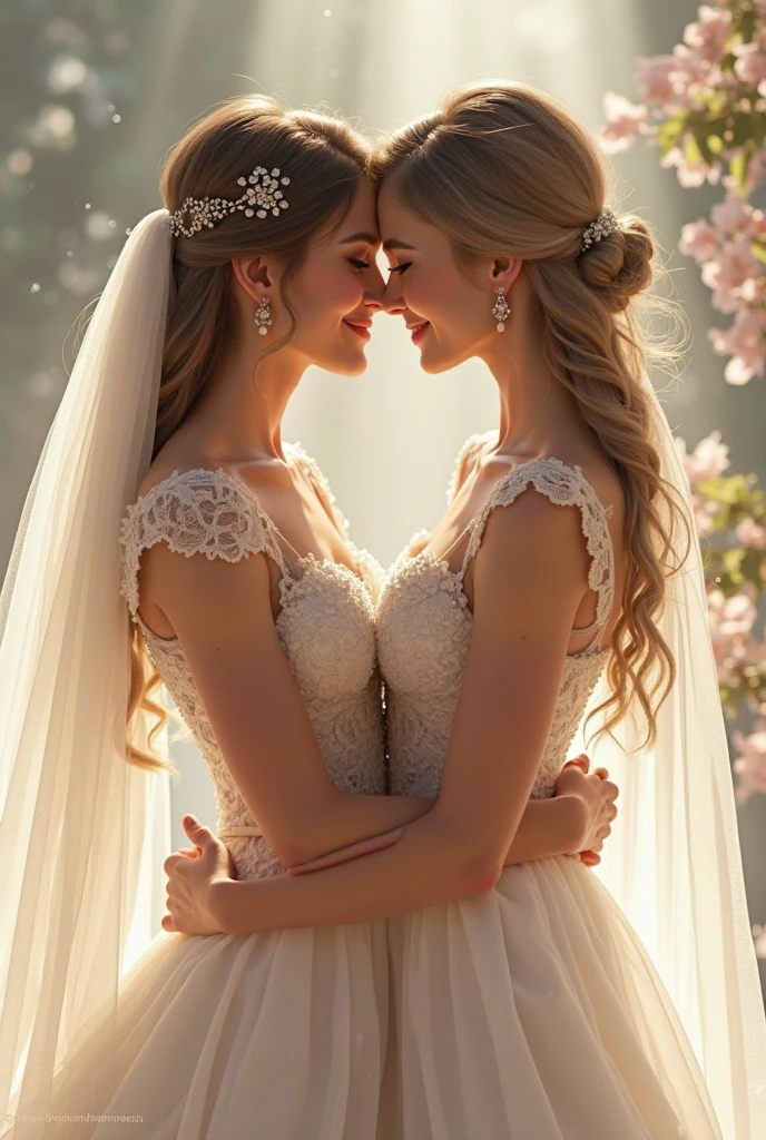 Two young girls in wedding dress kissing. One has long hair, one has short hair. (realistic, A high resolution), best quality